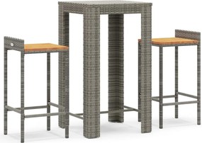 vidaXL 3 részes szürke polyrattan és tömör akácfa kerti bárszett
