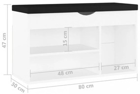 fehér szerelt fa cipőtároló pad párnával 80 x 30 x 47 cm