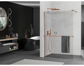 Mexen Kioto, Walk-in zuhany paraván polccal és akasztóval 95 x 200 cm, 8 mm átlátszó üveg, rózsa arany profil, 800-095-121-60-00