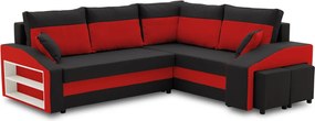Grande sarokkanapé polcokkal és puffokkal , polc a bal karfaban puffok a jobb karfaban, jobboldali, szövet anyag, hab töltet, fekete - piros