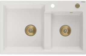 Mexen Tomas, gránit mosogató 800x500x190 mm, 2 kamrás, fehér, arany szifonnal, 6516802000-20-G