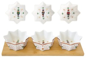 Diótörő porcelán csillag alakú kínáló tálka szett bambusztálcán, 4 részes, 34x12 cm, díszdobozban - Nutcrackers