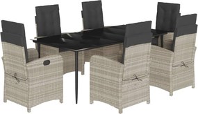 vidaXL 7 részes világosszürke polyrattan kerti étkezőszett párnával