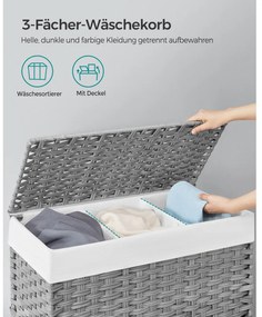 Kézzel fonott rattan stílusú szennyeskosár 3 rekesszel 140L, szürke