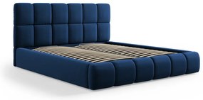 Sötétkék bársony kárpitozott ágyneműtartós franciaágy ágyráccsal 180x200 cm Bellis – Micadoni
