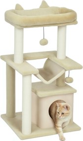 PawHut Macskafa 90 cm Kaparófával és Hintaágyas Játékfával Macskaodúval, Platformokkal, Mászófával és Aktív Kaparófával, Plüss Sisakkal, Krém | Aosom