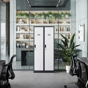 Pléh öltözőszekrény talpazaton, kétmodulos, polccal és köztes fallal KACPER, 800 x 1800 x 500 mm, antracit-fehér