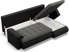 Tokio sarokkanapé, 2 ágyneműtartóval, bársony + műbőr, jobboldali, szürke - fekete