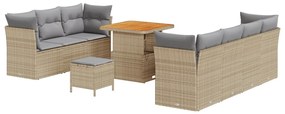 10 Darabos Kert Sofa Szett Párnákkal Bézs Poli Rattan Akác, 3 Darabos Kert Étkező Szett Párnákkal Bézs Poli Rattan Akác