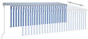 kék és fehér redőnyös, szélérzékelős, LED-es napellenző 4x3 m