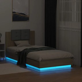 sonoma tölgy színű ágykeret fejtámlával és LED-ekkel 75x190 cm