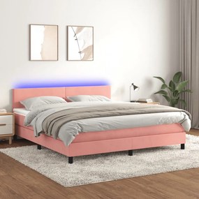 rózsaszín bársony rugós és LED-es ágy matraccal 160x200 cm