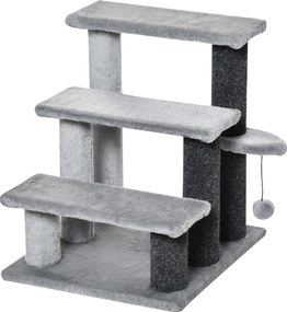 PawHut Háziállat Lépcső 3-Lépcsős Cica Lépcső Kaparóposzttal és Játéklabdával 5 kg-ig Fekvő Szürke Plüss Juta 45 x 40 x 48 cm | Aosom
