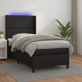 fekete műbőr rugós ágy matraccal és LED-del 80 x 200 cm