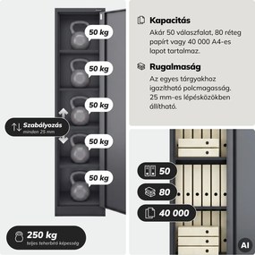 Kartotékos iratszekrény kulcsos antracit, 450x1850x600 mm: ALEX D600