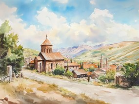 Canvas Vászonkép Festői Falu Kolostor Hegyek Nyár 80 x 60