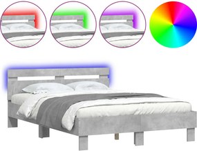 vidaXL betonszürke ágykeret fejtámlával és LED-del 135x190 cm