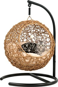 PawHut fonott rattan macskaház — emelt fekhely mosható párnával és játékgolyóval, beltéri búvóhely, 45 x 41 x 75 cm, világosbarna | Aosom