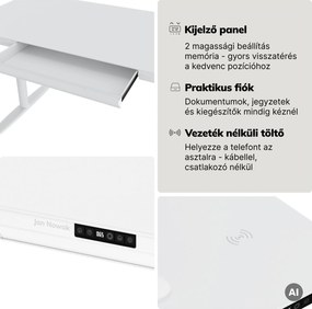 Elektromos ülő-álló íróasztal fiókkal és Qi vezeték nélküli töltővel fehér, 1600 mm: ELLIS