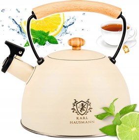 2,5 literes Krémszínű Acél Vízforraló síppal, Fa Nyéllel, Indukciós