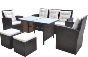 vidaXL 6-részes barna kültéri polyrattan étkezőszett párnákkal