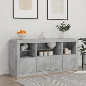 betonszürke tálalószekrény LED-világítással 142,5 x 37 x 67 cm