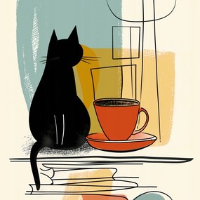 Poszter 40x40cm Macska és kávé