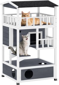 PawHut Fa Macska Ház, Télálló Vízálló Macska Kunyhó Tetővel, Macska Barlang, 4 Szintes Macska Villa Terasszal és Lépcsővel Kültéri Kert Erkélyre, 75.5