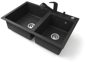Gránit mosogatótálca NERO Palazzo + kihúzható zuhanyfejes Shower csaptelep + adagoló + dugókiemelő (fekete)