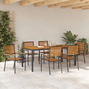 7 Darabos Kert Étkezősor Fekete Poly Rattan Akáccal, Egymásra rakható Kert Székek Párnákkal 2 db Fekete Poly Rattan