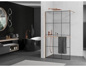 Mexen Kioto+, Walk-In zuhanyparaván polccal és akasztóval 110 x 200 cm, 8 mm átlátszó üveg fekete mintával, réz matt profil, 800-110-121-65-77