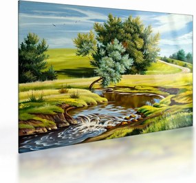 Kép - folyó a rétek között,, olajfestmény (üvegen) (70x50 cm)