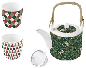 Karácsonyi porcelán teáskanna fém szűrővel és 2 db pohárral díszdobozban Fancy Christmas