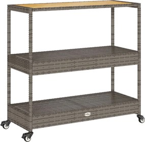 vidaXL 3 szintes szürke polyrattan és tömör akácfa zsúrkocsi