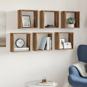 6 db kézműves tölgyszínű szerelt fa fali kockapolc 30x15x30 cm