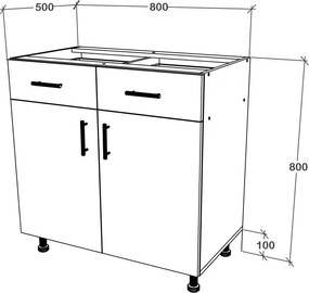 Benita 2 fiókos 2 ajtós Alsó konyhaszekrény Bronz Tölgy-Fehér 80x50x80 cm N