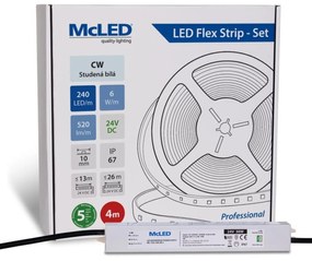 McLED  LED szalag - készlet 4 m, 240 LED/m, CW, 6 W/m, DC 24V, 520 lm/m, CRI90, IP67, 10 mm, Vezető 3 m ML-126.032.90.S04001