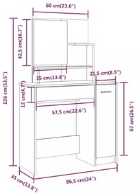 barna tölgy színű fésülködőasztal tükörrel 86,5 x 35 x 136 cm
