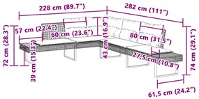 fekete polyrattan és akácfa L-alakú kerti kanapé párnával