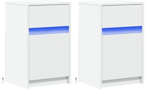 2 db fehér szerelt fa éjjeliszekrény LED-fényekkel