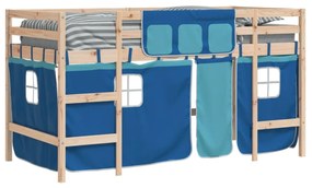 kék tömör fenyőfa gyerek galériaágy függönnyel 90 x 190 cm
