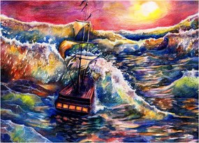 Kép - Hajó az óceán hullámain, aquarel (70x50 cm)