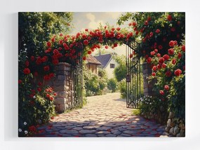 Poszter Kapu Vörös Rózsák Vidéki Kert Ház Természet 80x60