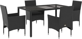vidaXL 5 részes fekete polyrattan/üveg kerti étkezőgarnitúra párnákkal