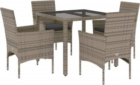 vidaXL 5 részes szürke polyrattan/üveg kerti étkezőgarnitúra párnával