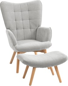 HOMCOM Fotel Ottoman-nal, Magas Hátú Szárnyas Fotel, Fa Lába, Kárpitozott Lounge Fotel, Bordás Hatás, Nappaliba, Szürke | Aosom