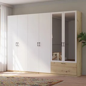 ALTA Óriás Gardróbszekrény Tölgy/Matt Fehér Színben, Tükörrel. 270 cm