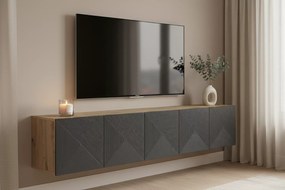 Asha falra szerelhető TV szekrény 200 cm, bordázott előlap - artisan / rivier stone matt