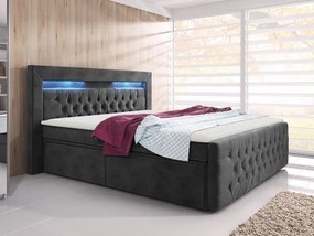 DEBLIN boxspring ágy LED világítással és négy fiókkal 180x200 - szürke + INGYENES topper