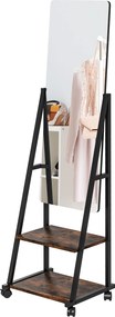 HOMCOM Négyzetes Álló Tükör Teljes Magasságú Görgős Tükör Állítható Szög 2 Polccal és 4 Kerekekkel - méret: 42L x 37W x 155H cm - fekete és rusztikus